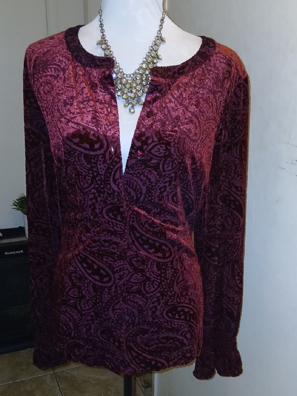Isaac Mizrahi Velvet Burnout Paisley Top - Burgundy